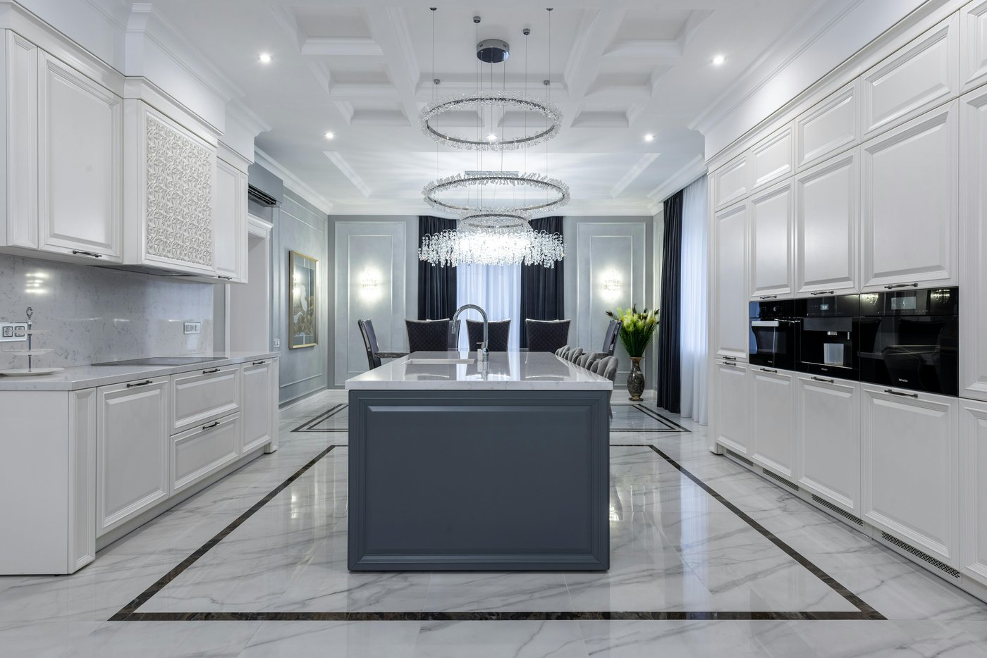 Luxury white kitchen chandelier real estate photography Boca Raton